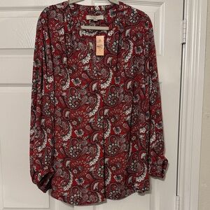 LOFT Red and Black Paisley Blouse